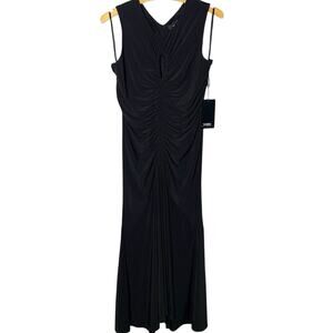 WHBM Dress NWT Women's Size 14 Sleeveless Black Matte Jersey Ruched Keyhole Maxi